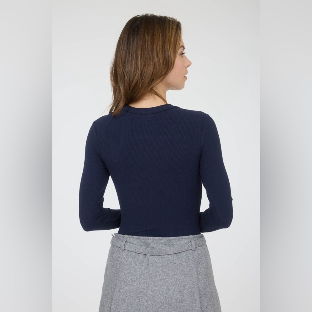 The Workshop Round Neck Long Sleeve Sweater Knit Bodysuit In Navy - Picture 2 of 6